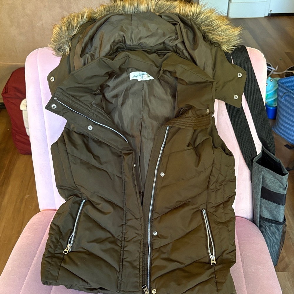 Calvin Klein Dark Green Puffer Vest with Faux Fur Trim